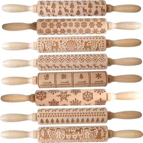 Wood Christmas Printing Rolling Pin Wooden Carvings Embossing Elk Snowflake Christmas Tree Snowman Rolling Pin Cookies Crafts