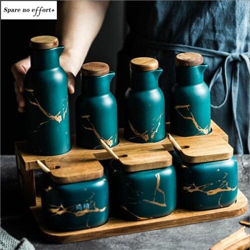Household Seasoning Box Seasoning Pot Oil Pot Green Ceramic Seasoning Pot Salt Shaker Oil Bottle Household Kitchen Salt Shaker