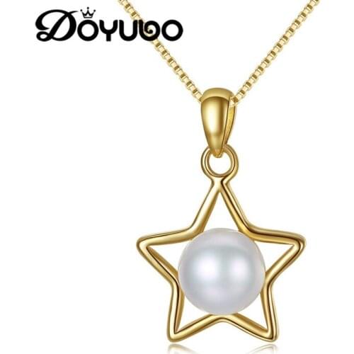 DOYUBO Womens Gold Color 925 Sterling SIlver Star Necklaces With 8mm White Freshwater Pearl Necklaces Lady Fine Jewelry VA253