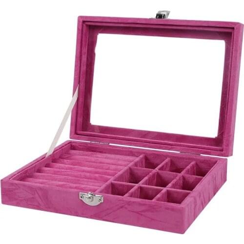 HOSENG Rose Red Jewelry Organizer Storage 12 Grids Box Velvet Ring Necklace Display Showcase With Lid Wedding Gift HS_487