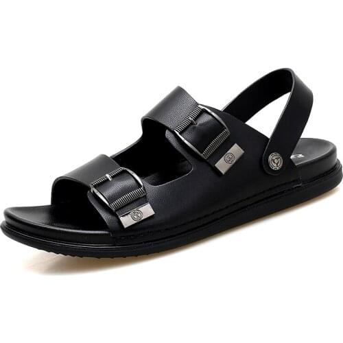 Jumpmore Beach Shoes Microfiber Leather Sandals Men Outdoor Casual Black Shoes Yellow Buckle Slippers Size 38-44