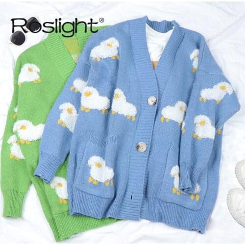 College Cardigans Knit Sweater Women winter Thick Pullover Print Green Sweater Loose Cute Casual Coat Long Sleeve Blouse Top