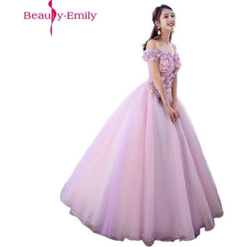 Beauty Emily Charming Appliques Beading Evening Dress Sexy Off the Shoulder Lace Up Back Candy Color Formal Party Dress