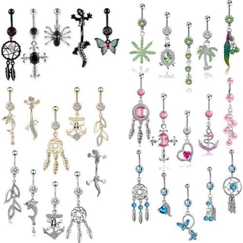 Cross Belly Button Piercing Ring Lot Flowe Butterfly Navel Piercing Ring Gold Shape Umbilical Chain Ring Dolphin Navel Ring Set