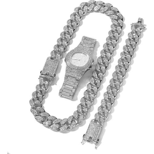 Iced Out Watch for Men Women Hip Hop Rapper Miami Cuban Chain Big Gold Chain Necklace Paved Rhinestones Bling Men Jewelry Set