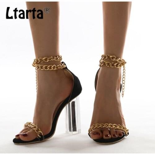LTARTA 2021 Summer Womens Shoes Fashion Metal Chain Crystal Heel Hollow High Heels Sandals Nightclub Party Shoes JXQ
