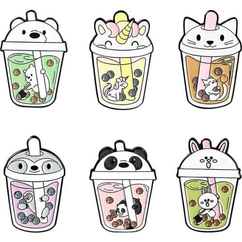 Cartoon Pins Bear Animal Beverages Milk Tea Enamel Alloy Brooches Badge Clothes Bag For Women Accessories Jewelry Gift For Kids