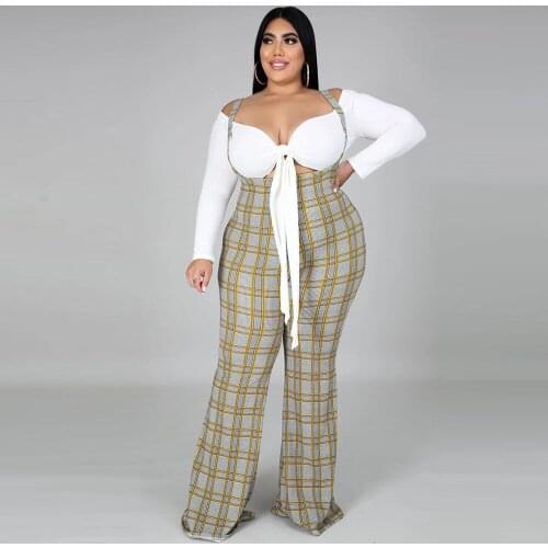 2021 Autumn Winter Casual Two Piece Club Outfits Cleavage V Neck Long Sleeve Cop Top and Plaid Suspender Trouser Matching Suits