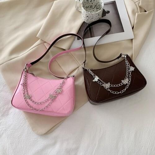 Casual Ladies Butterfly Chain Underarm Bags Small PU Leather Solid Color Subaxillary Bags Lattice Pattern Shoulder Bag