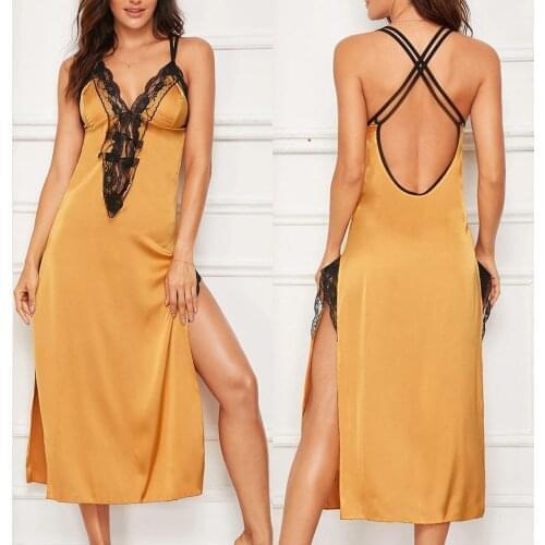 Sexy Night Dress Womens Nightgown Satin Lace High Split Sexy Lingerie Dress Backless Sexy Sleepwear Nightie Summer Sleep Lounge