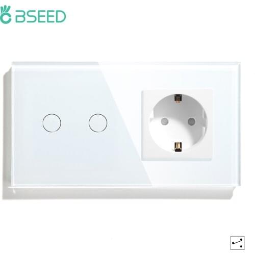 BSEED 1 Gang 2Gang 3Gang 1 Way 2 Way Touch Switch With EU Standard Socket Black White Gold Crystal Glass Panel Switches