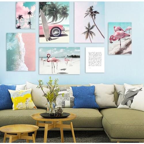 Nordic Style Sea Beach Flamingo Car Coconut Tree Door Wall Art Canvas Painting Scenery Pictures Posters and Prints Wall Decor