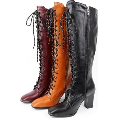 Black Lace Up Knee High Boots Autumn Women Boots Pu Leather Square Toe High Heel Long Boots Zipper Winter Shoes Big Size 42 43