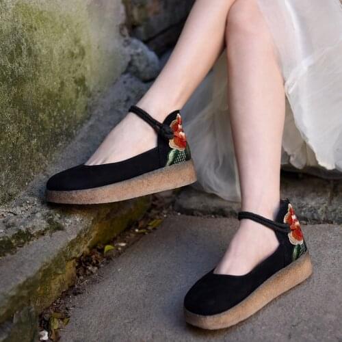 Artmu Original Womens Wedges Shoes Retro Embroidery Flowers Single Shoes Leather Platform Button Thick Sole Shoes Vintage