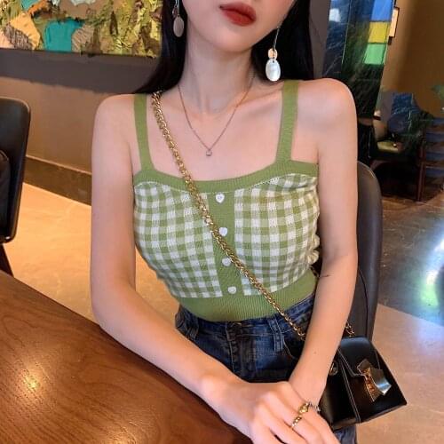 Women Vintage Plaid Knit Camisoles Fashion Sexy Spaghetti Straps Buttons Trim Tank Tops Casual Crop Top Vest Streetwear