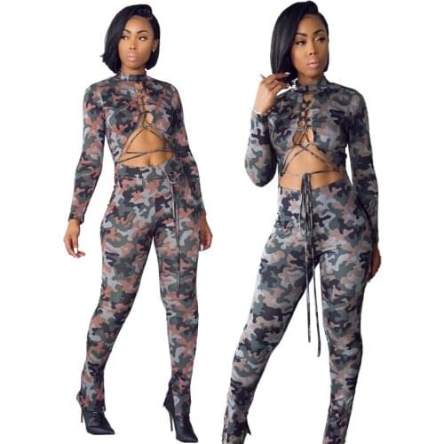 Women 2 Piece Set Camouflage Drawstring Print Bandage T-Shirt Skinny Pants Lounge Club Wear Trackuits Vintage Outfits