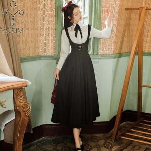 YOSIMI 2 Piece Outfits 2020 Autumn Winter Women Full Sleeve Lantern Sleeve White Shirt and Black Strap Dress Skirt Set Mid-calf