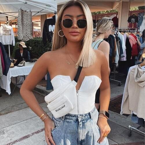 NEW 2021 Summer Women Off Shoulder V-shape Zipper Bustier Corset White Bodycon Slim Fit Tight Vest Crop Tank Top