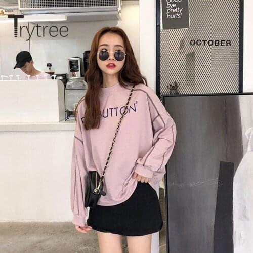 Trytree 2020 Autumn Winter Woman Casual Sweatshirt O-neck Letter Pink Loose Fashion All-Purpose Style Office Lady Sweatshirt Top