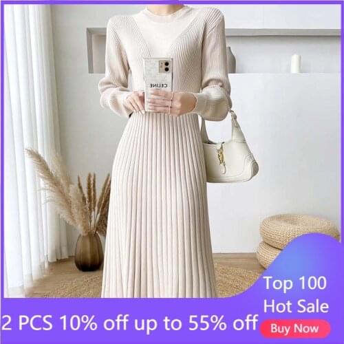Winter knitted dress for women elegant long dress over-the-knee French style thick sweater dresses female vestidos 8509