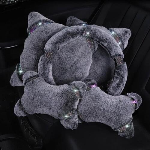 Winter Fur Car Interior Pillows Set Plush Steering Wheel Cover Headrest Lumbar Support Rhinestones Seat Cushion Rear Back Covers