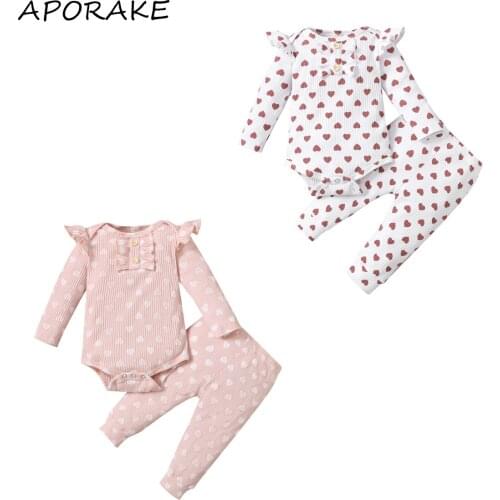 2021 0-18M Baby Girls Clothing Sweet Heart Print Ribbed Ruffled Long Sleeves Romper+Elastic Waist Pants Spring Fall Knitted 2pcs