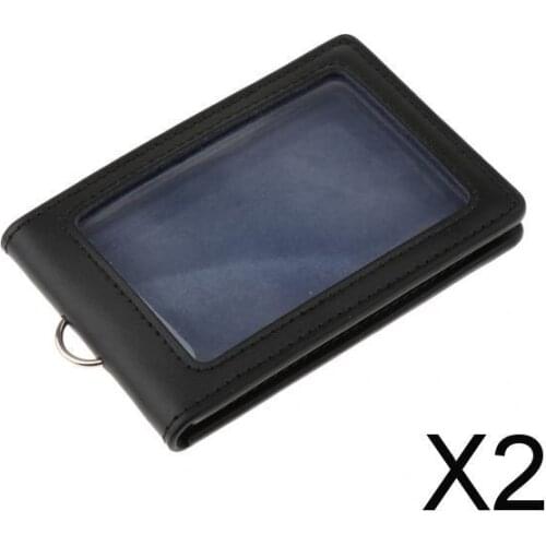 2xPU Leather Double Cards Vertical Style ID Business Badge Black
