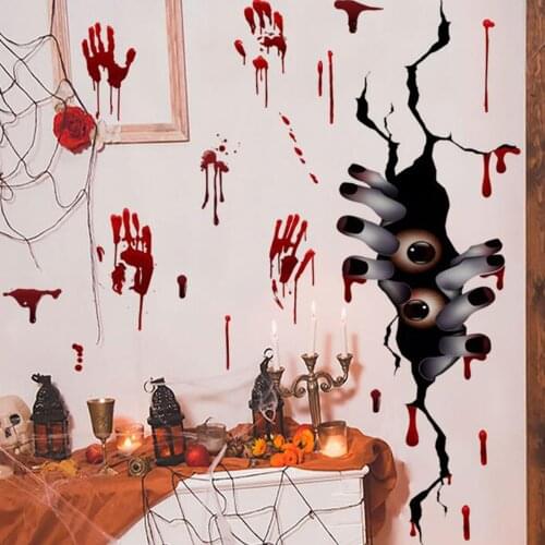 3d Wallpaper Horror Halloween Bloody Wall Sticker Fingerprint Bloody Handprint Foot Wallpaper Broken Wall Sticker Sticker