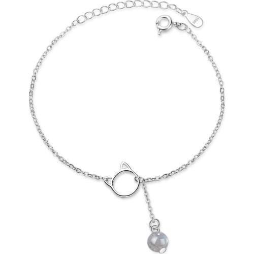 Hollow Cat Kitten Korean Style Small Fresh Strawberry Crystal Cute Labradorite 925 Sterling Silver Bracelet For Women SB120