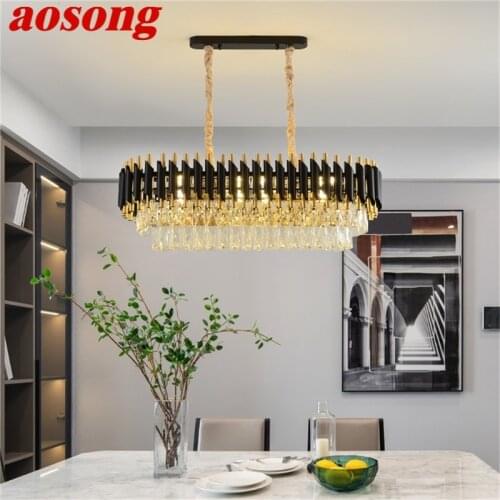 AOSONG Black Chandelier Fixtures Postmodern Luxury Crystal Rectangle Pendant Lamp Light Home LED for Living Dining Room
