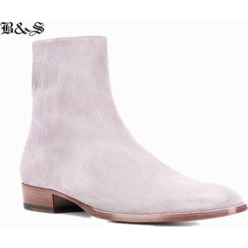 Black& Street Wedge Suede Slim Fit Zipper Boots Cow Leather men dress gentle Denim boots