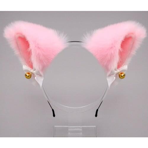 F3MD Plush Cute Girls Cat Ears Necklace with Bow Bells Headwear Accessories Furry Hair Hoop for Cosplay Costume Props