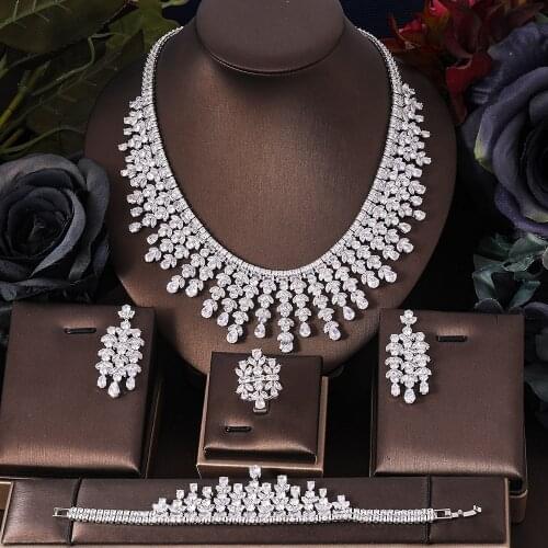 Janekelly 4pcs Bridal Zirconia Full Jewelry Sets For Women Party, Luxury Dubai Nigeria CZ Crystal Wedding Jewelry Sets