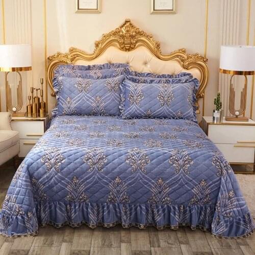 Bed cover+Pillow cases Violet blue Bedspread Crystal velvet Bedding set Exquisite ferns Quilt Quilting Blanket Golden lace