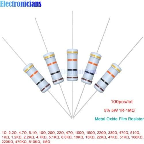 50PCS Metal Oxide Film Resistor 5% 5W 1R 4.7R 10R 100R 220R 1K 2.2K 4.7K 6.8K 10K 22K 47K 100K 470K 1MΩ Ohm 1R-1MΩ Resistance