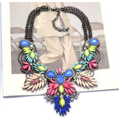 Fashion Colorful Rhinestone Choker Necklace Womens Long Chain Jewelry Crystal Bohemian Statement Necklaces Acrylic Neckless
