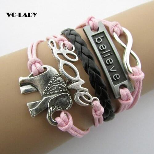 Fashion Bracelets i Believe The Word Elephant Love Wax Line Charm Bracelets Women Jewelry