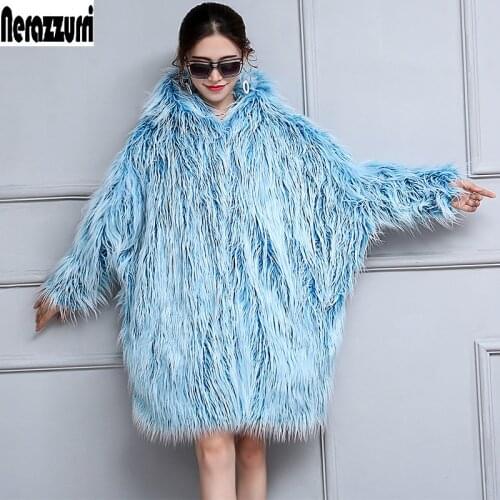 Nerazzurri Winter Oversized Warm Thick Shaggy Faux Fur Coat women Bat Sleeved Loose Blue Hairy Furry Mongolian Sheep Fur Jacket
