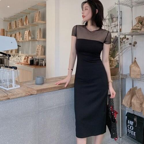 New arrival fashion summer midi party dress women OL temperament elegant o-neck perspective mesh patchwork slim bodycon dress