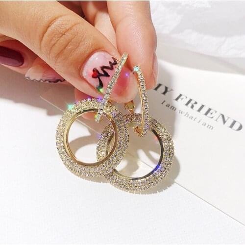 New Korean Round Pendant Crystal Drop Earrings for Women Fashion Shining Statement Dangle Jewelry Ladies Girl Love Gift Long