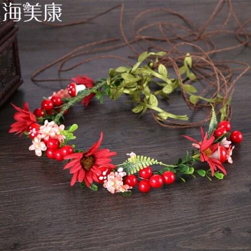 Haimeikang Red Fruit Flowers Crown Headband for Girls Holiday Party Stylish Headwear Photo Props Forest Nature Hair Accessories