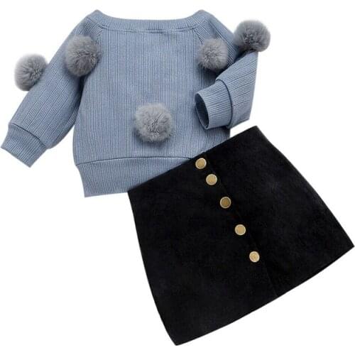 1-6Y Autumn Winter Toddler Baby Kids Girls Clothes Sets Long Sleeve Hairball Knit Tops Sweater+Button Skirt Warm Outfits Sets