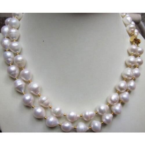 2 rows necklace 11x13mm white baroque rice pearl gold beads mixed gold clasp natural Freshwater PEARL Women Jewelry 43cm 17