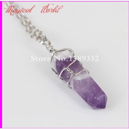 Natural Gems Stone Healing Point Pendant Necklace Wire Wrapped Hexagonal Quartz Druzy Pendant Necklace