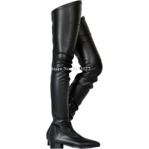 Sexy Flat Elastic Woman Long Boots Fashion Pointed Toe Thin Leg Thigh High Boots Best Leather Over Knee Motorcycle Booties Lady