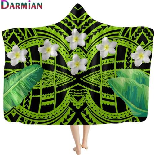 DARMIAN Polynesian Tribal Plumeria Flower Printed Wearable Hooded Blanket for Adult Kids Fashion Soft Warm Throw Blanket manta