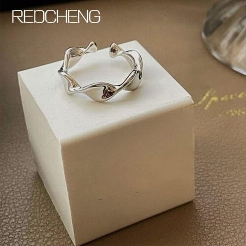 REDCHENG 925 Sterling Silver Wave Pattern Opening Rings for Women INS Fashion Charming Simple Curve Twist Party Jewelry Gifts