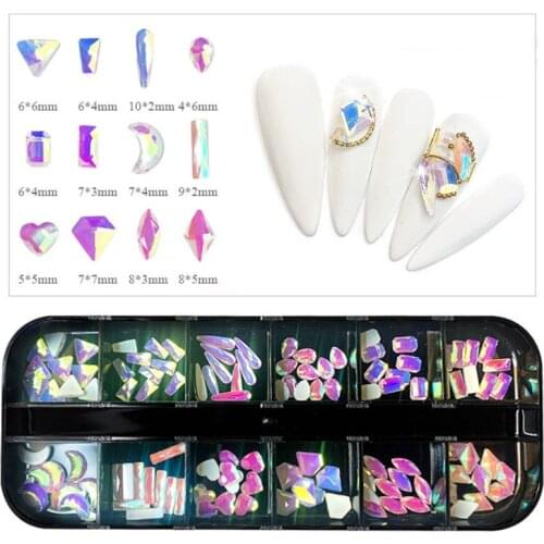 Q1QD 12 Grids Glass Nail Art Decorations Multi-Shape for Nails Ornaments Manicure Tips Decor DIY Crafts Accessories for Salon