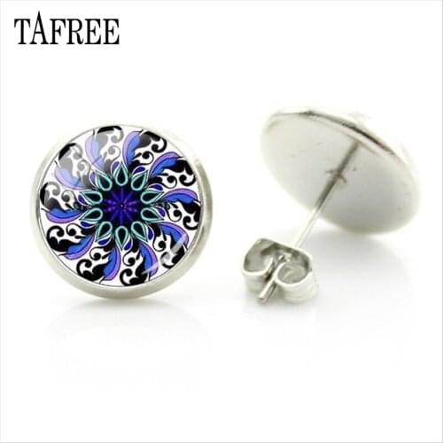 TAFREE Fashion Skin Art stud earrings glass cabochon Charm Women Handmade indian mehndi Henna Tatoo Jewelry HN77