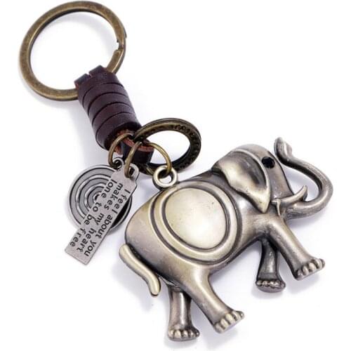 Elephant Vintage Keychain Brown Genuine Leather Metal Pendant Bag Pant Car Key Chain Keyring Fashion Women Men Accessories Gift